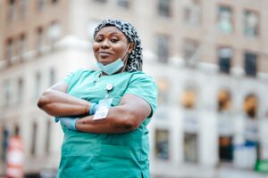 nurse, standing, proud